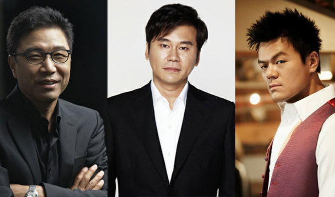 Collage of three founders of big music studios in South Korea. 