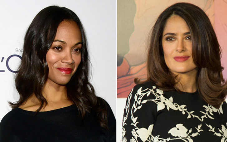 Salma Hayek stands with Zoe Saldana on her portrayal of Nina Simone.